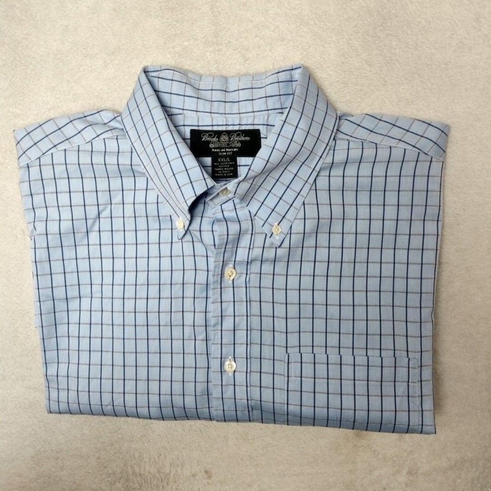 Brooks Brothers Shirt Mens 2XL Blue Check Slim Button-Down Makers Merchant USA